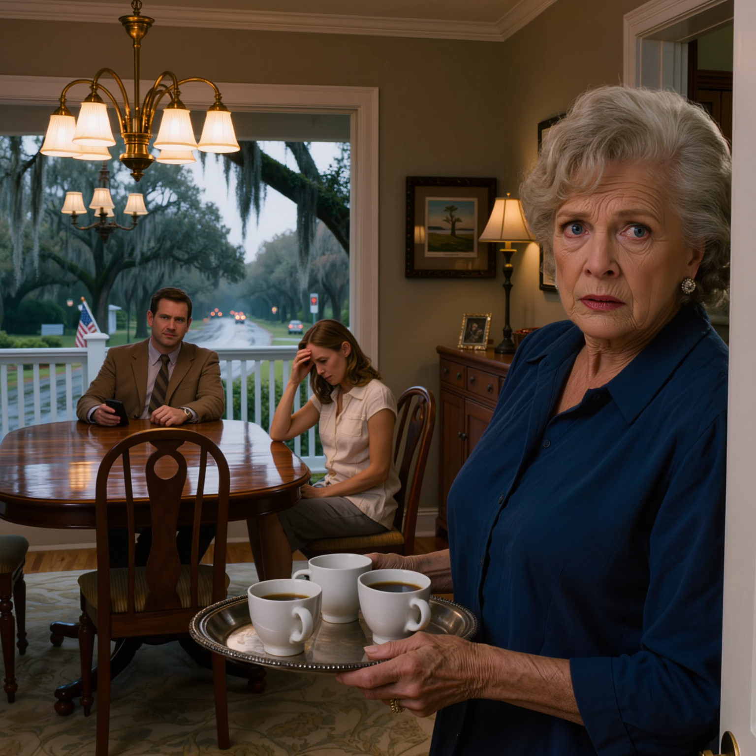 “Överför det bara direkt till vårt konto. Hon kommer inte behöva det så mycket längre ändå,” Jag hörde min svärson säga med ett leende från matsalen, medan min dotter satt där tyst som en medbrottsling. Jag var fortfarande frusen bakom köksdörren med en bricka kaffe i händerna, och de hade ingen aning om att något stort var på väg att gå loss.