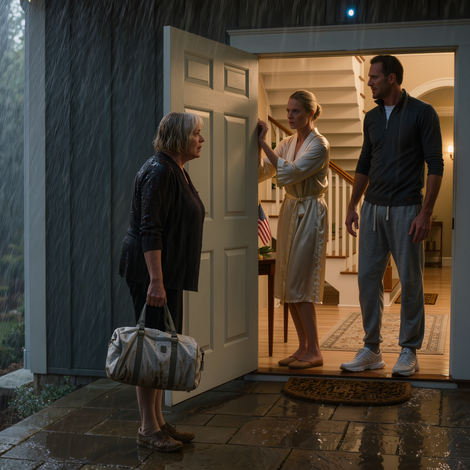 My house flooded during the storm, and I went to my son’s mansion soaked and muddy asking to stay for a while, but my daughter-in-law blocked the door: “Ew, you’ll ruin my white carpets. Go to a shelter.” She slammed the door in my face, I called the troubled boy I took in when he was 16—and a military convoy showed up like they had picked exactly the wrong person to provoke.