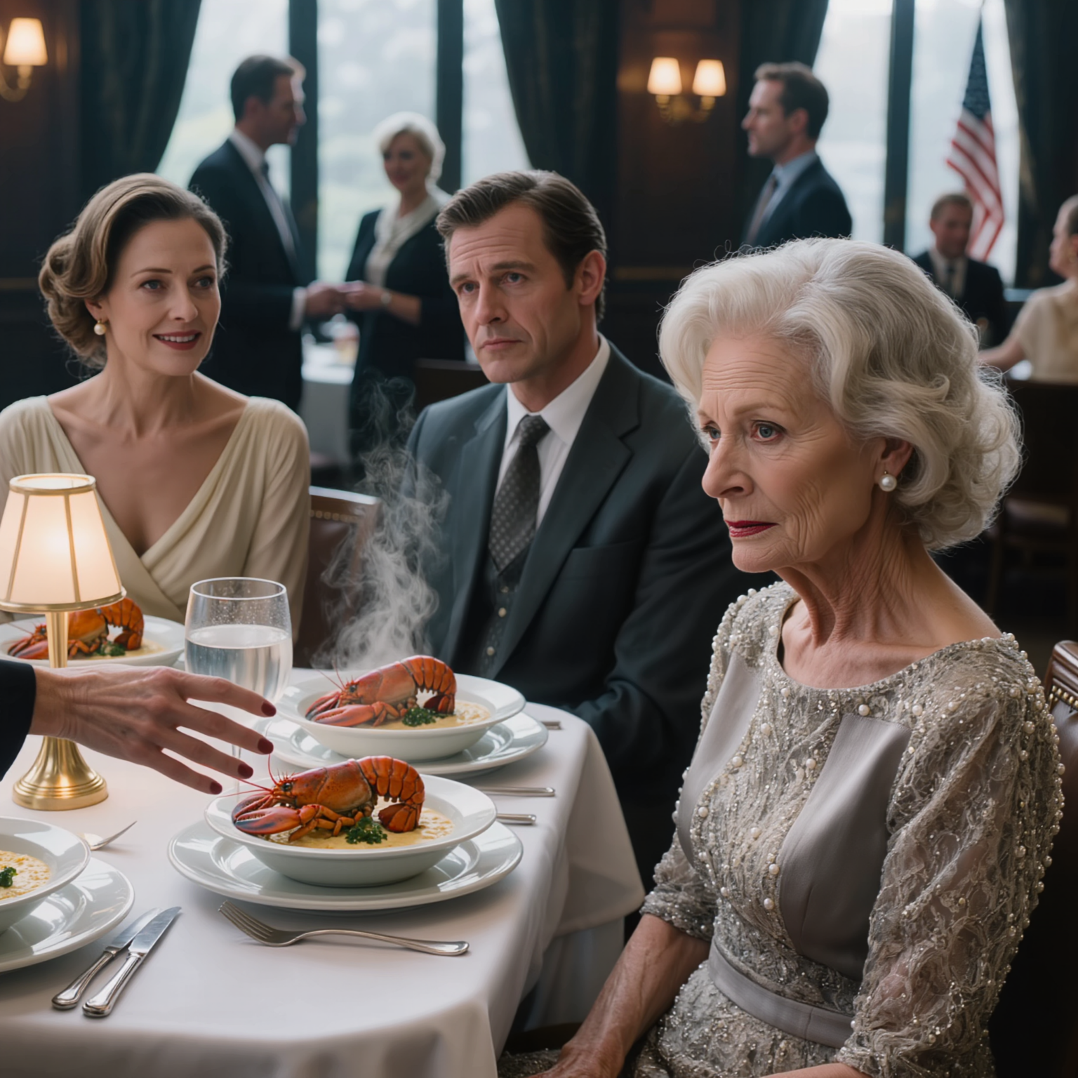 “Vi serverar inte extra måltider,” sa min svärdotter när hon tryckte ett glas vatten mot mig medan hela hennes familj slet i 60 dollar hummer precis framför mig; min son tillade, “mamma, du borde känna din place”; Jag bråkade inte, jag log bara och sa, “Noted” — och när köksmästaren klev ut ur köket började ansiktena runt det bordet förändras.