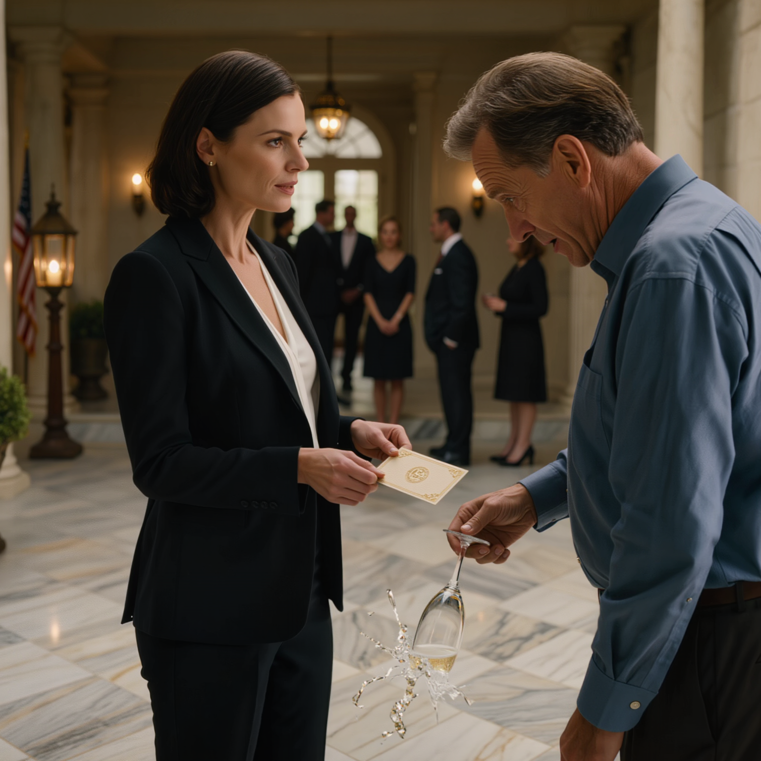 I 5 år berättade min far för hela familjen att jag bara var flickan som väntade på bord, hoppade av college och aldrig skulle bli så mycket; på sin 60-årsfest, inför 43 gäster, höjde han fortfarande sitt glas och presenterade mig som “den som inte avslutade college”; Jag bara log, lade ett visitkort i hans hand, och precis när hans ögon stannade svängde ytterdörren upp.