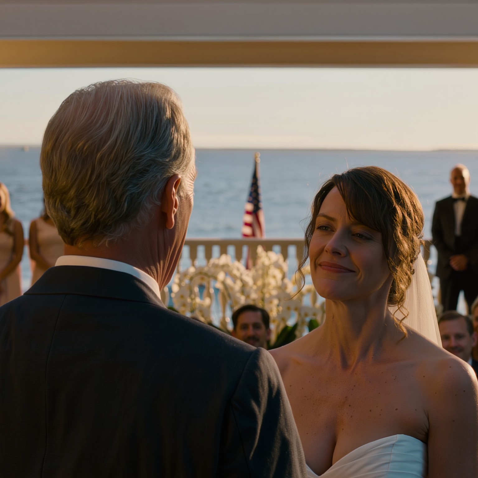 Min svärdotter slet av min frus peruk direkt på scenen vid ett bröllop vid stranden i Charleston, avslöjade märkena efter månader av behandling medan några gäster fortfarande skrattade, min son bara stod där och steg inte fram, och jag tog tyst av mig jackan, täckte min fru med den och öppnade sedan bröllopskuvertet framför alla, och brudens leende vacklade plötsligt