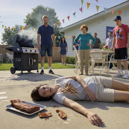 A woman lay frozen on hot suburban concrete with smoked brisket spilled beside her while her husband, framed by grill smoke and birthday streamers, stared down and told everyone to step back—the first sign that this was not a medical emergency to him, but a plan going off-script.