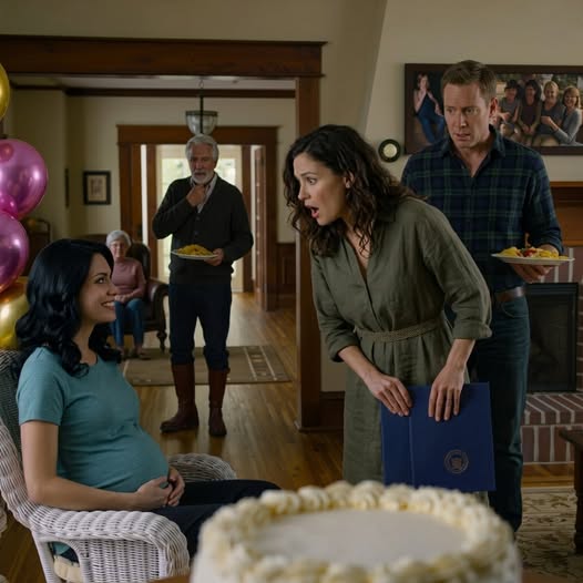 My father was eating cold pasta in the hallway of the retirement home I bought him, my mother was curled into a corner like she needed permission to sit, and across the room my pregnant sister-in-law smiled beneath pink balloons—right before I reached into my bag for the blue folder that could end her little kingdom in one move.