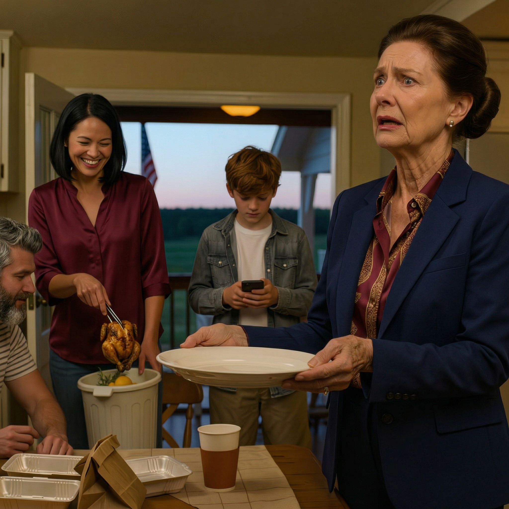 De skrattade högt när de knuffade hela den stekta kycklingen som jag hade tillbringat hela eftermiddagen med att krydda med rosmarin och citron i papperskorgen, Mara log till och med, “Inget illa, mormor, men det här huset har redan beställt thailändska,” Evan skrattade bara med, och jag stod där och höll det tomma fatet i mina händer — nästa morgon, det jag drog ur lådan var inte längre middag utan något som fick hela huset att börja kallna