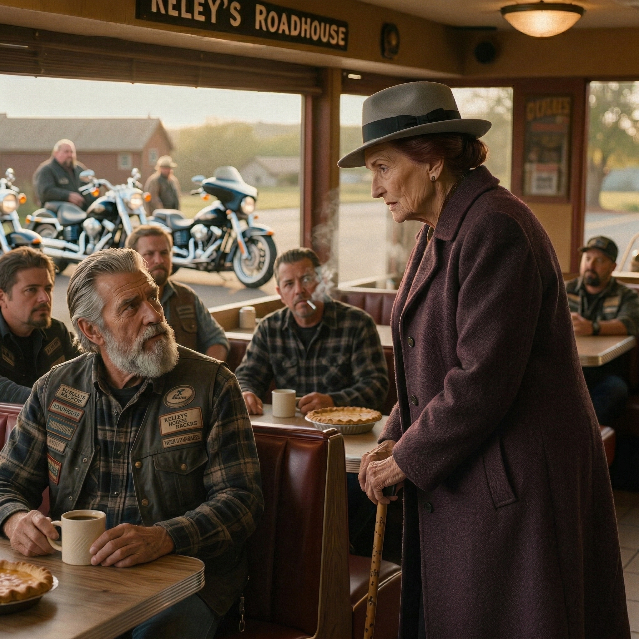 En 91-årig änka, lutad mot käppen som tillhörde hennes man som just hade dött, gick fram till ett bord med läderklädda cyklister på en restaurang vid vägkanten och bad om bara en sak: “Låt honom inte ligga där ensam,” och från det ögonblick som den store mannen frågade vilken tid gudstjänsten var, Redwood Falls, Missouri började vänta på en morgon ingen i stan var beredd att gissa rätt.