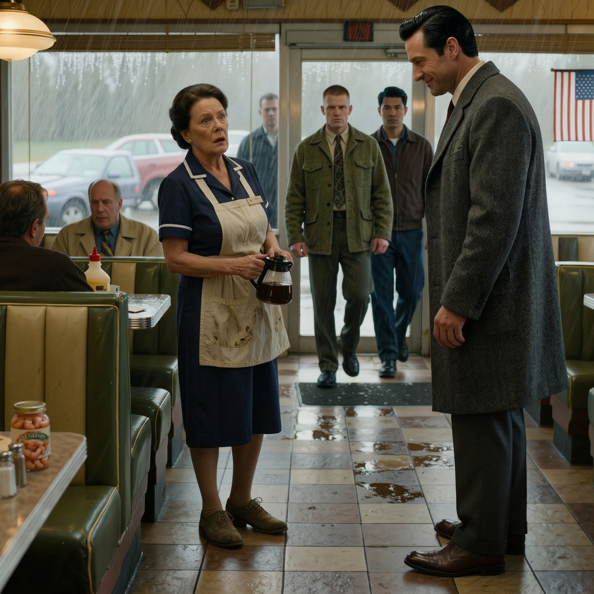 Efter att mina egna barn städat ut mig var jag 60 och bar uniform för att arbeta som servitris på en restaurang, och delade i hemlighet halva min lunch varje dag med en gammal man som inte verkade ha något kvar än några mynt, tills dagen min son gick in, skrattade mig i ansiktet och sa, “mamma, du ser patetisk ut ” och sedan stormade 4 livvakter in, den gamle mannen reste sig sakta upp på fötterna, pekade rakt på honom, och hela matstället tystnade.