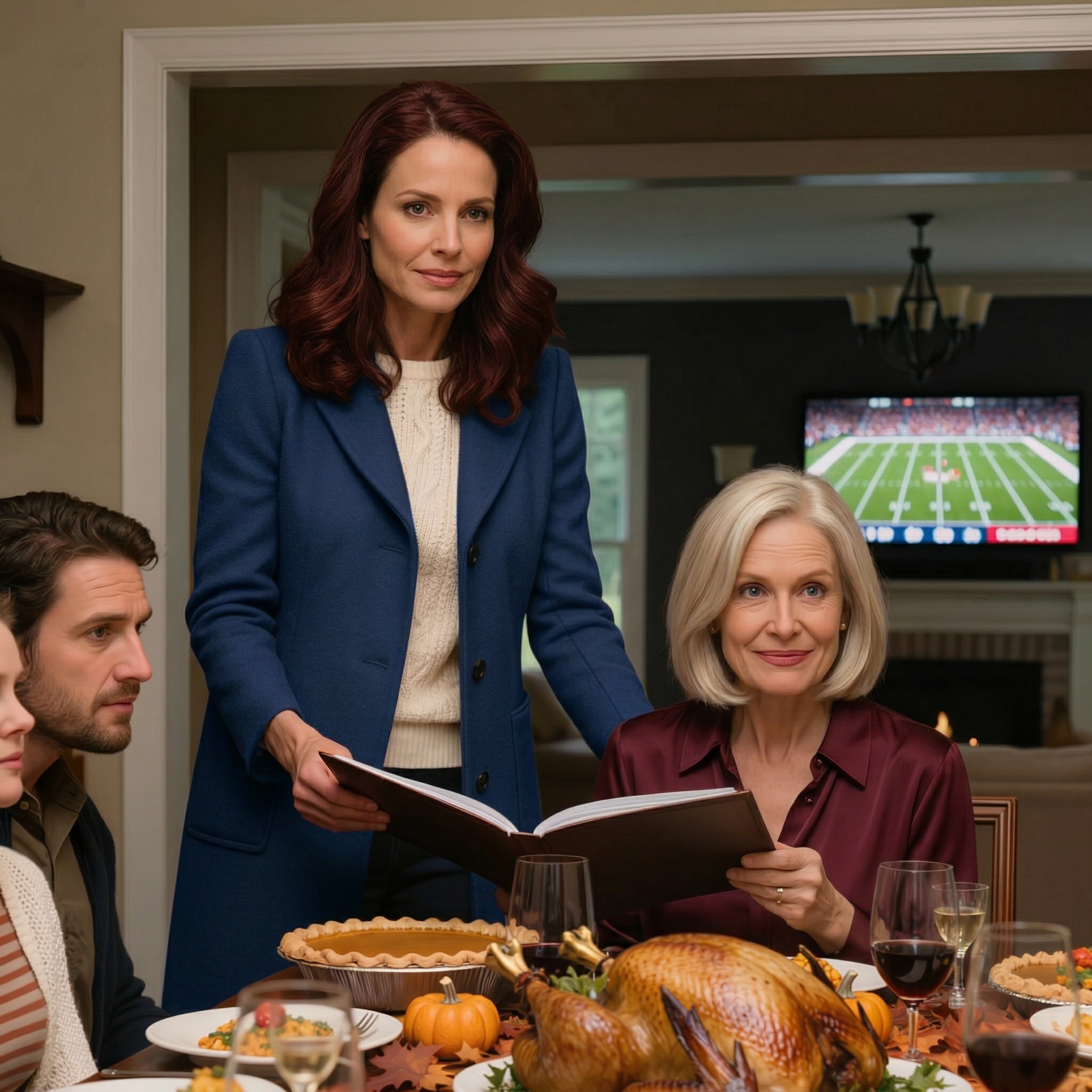 Innan kalkonen ens ristades reste sig min syster upp vid Thanksgiving-middagen och meddelade att familjen hade bestämt att jag inte längre var en av dem—, men jag hade tagit med något hon aldrig såg komma, och i samma ögonblick som hon öppnade mappen inför alla, rummet tystnade, gamla skulder hittade namn, gamla lögner fick ny betydelse, och historien de hade ägnat år åt att bygga om mig började spricka inför alla som hjälpte till att skapa den.