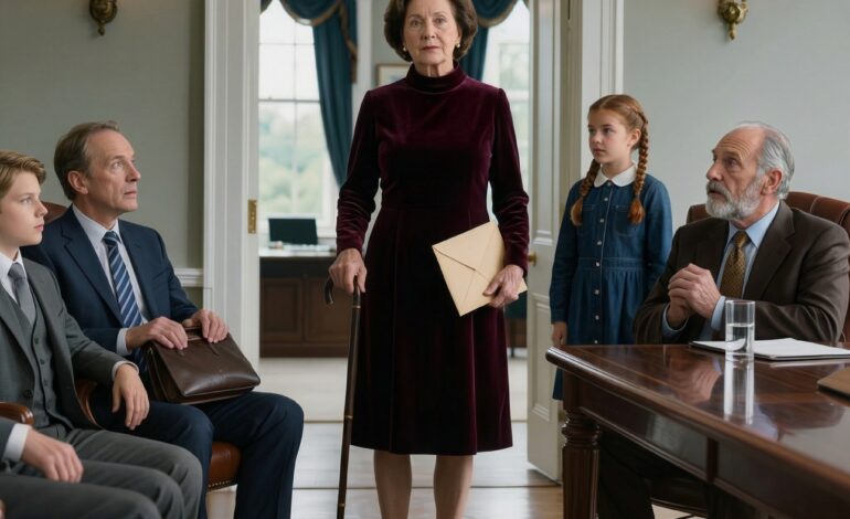 Vid testamentets läsning hörde jag min son säga, “Till slut får vi dela mammas 8 miljoner dollar,” och hela rummet skrattade med honom. Sedan tryckte jag upp advokatens kontorsdörr med min käpp, såg varje ansikte bli blekt och gå stilla, och i samma sekund som jag lade kuvertet i min hand på bordet, vågade ingen nämna “deras share” igen.