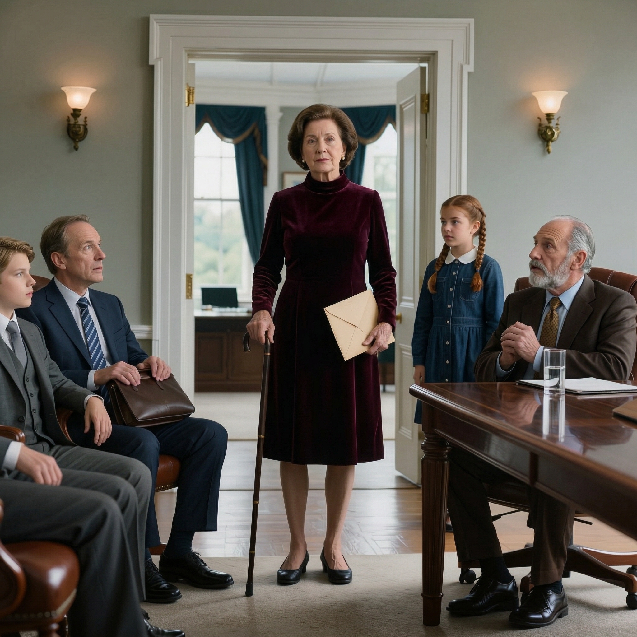 Vid testamentets läsning hörde jag min son säga, “Till slut får vi dela mammas 8 miljoner dollar,” och hela rummet skrattade med honom. Sedan tryckte jag upp advokatens kontorsdörr med min käpp, såg varje ansikte bli blekt och gå stilla, och i samma sekund som jag lade kuvertet i min hand på bordet, vågade ingen nämna “deras share” igen.