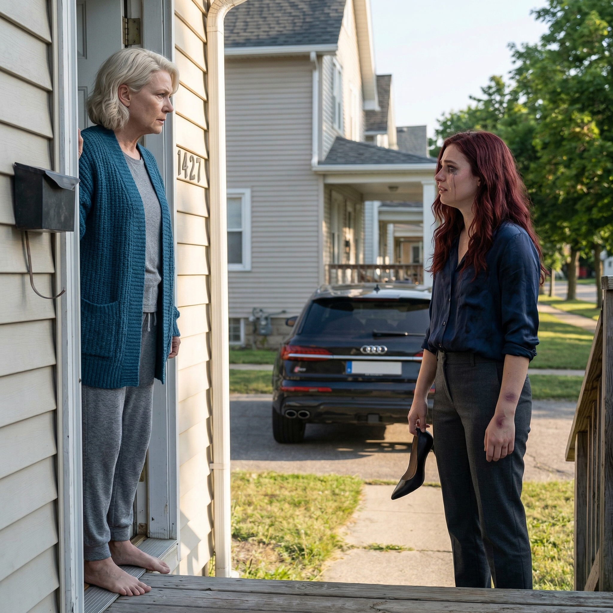 Jag förseglade de sista bröllopscheckarna när min telefon lyste: ‘VÅGA INTE KOMMA TILL MITT BRÖLLOP! MIN MAN ÄR EMOT DIG!’ Mina händer blev kalla, men jag sa ingenting—. Jag avbröt bara varje betalning i tysthet. I gryningen dök min dotter upp på min tröskel, mascara smetad, en häl i handen, viskande, ‘mamma… Jag gjorde ett fruktansvärt misstag.’ Jag trodde det värsta var över. Jag hade fel.