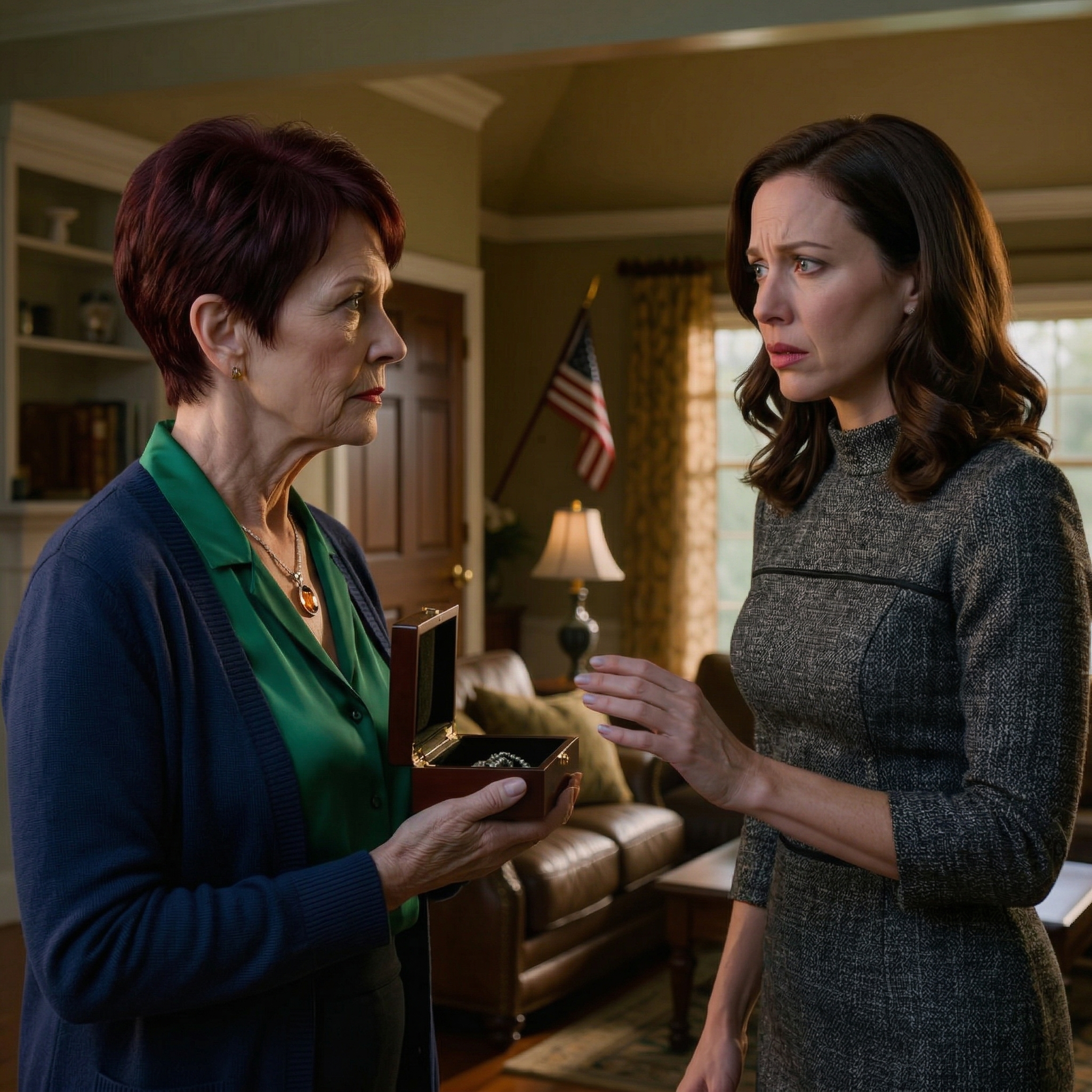 Den morgonen ville jag bara ta fram smaragdörhängena till mitt barnbarns födelsedag, men smyckeskrinet som min bortgångne man gav mig efter att vår tioårsjubileum hade städats bort; min svärdotter satt precis där i vardagsrummet, glansiga läppar, en vassare näsa än tidigare, erkände att hon hade pantsatt allt för att betala för sitt nya utseende, log sedan och sa: “Jag trodde verkligen inte att du fortfarande behövde dem” — Jag svarade väldigt mjukt, och hennes ansiktsuttryck sa att hon precis hade insett att hon inte hade stulit från fel person, hon hade provocerat fel.