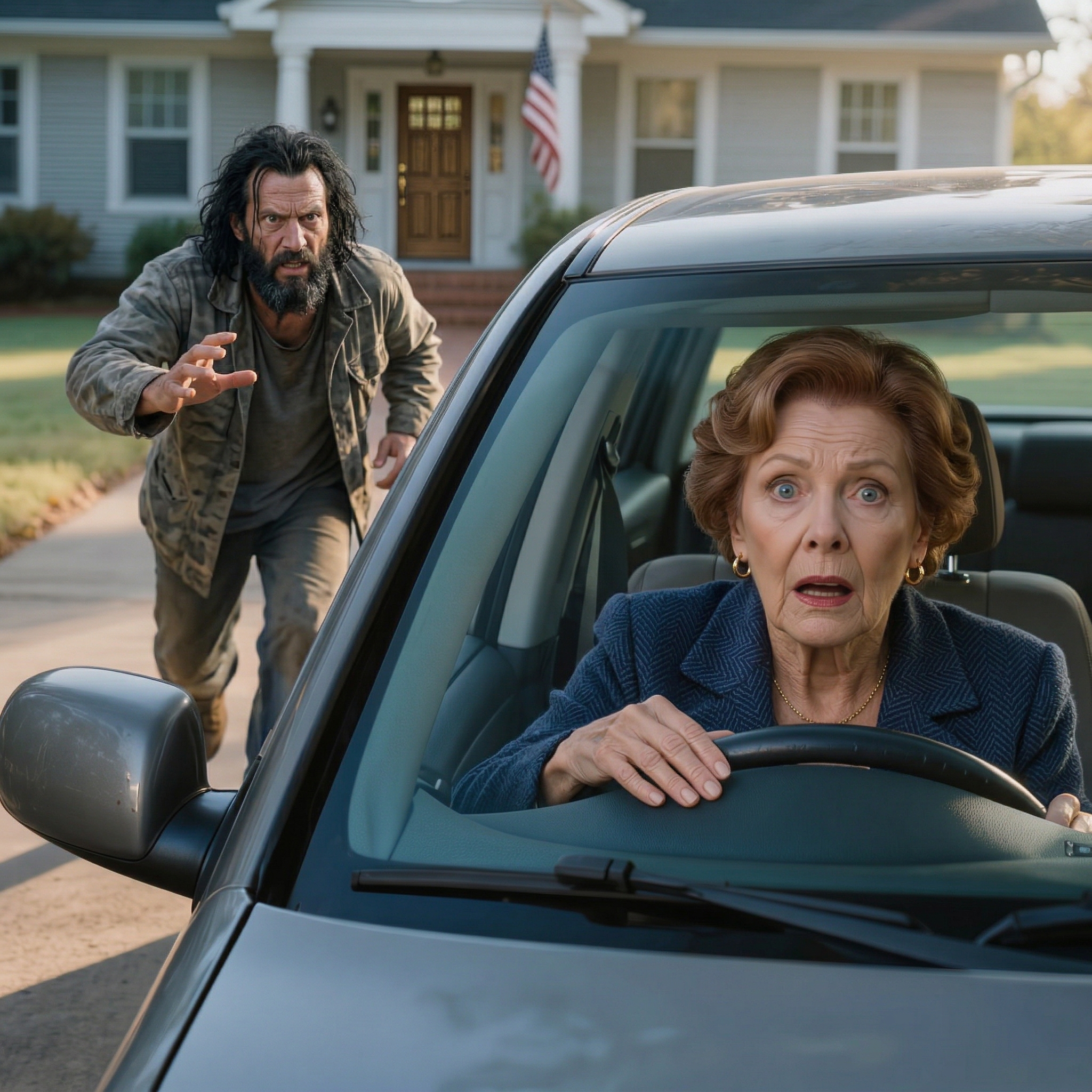 På väg till mötet om min mans egendom hade jag precis lagt handen på nyckeln när en hemlös man sprang upp, slog i fönstret och skrek: “Starta inte motorn—, din svärdotter rörde den här bilen igår kväll!” Mitt blod blev kallt, men när jag tog en annan åktur och ändå dök upp på notariekontoret var det Sarahs ögon som gav bort att hon hade räknat fel på ett mycket stort steg.