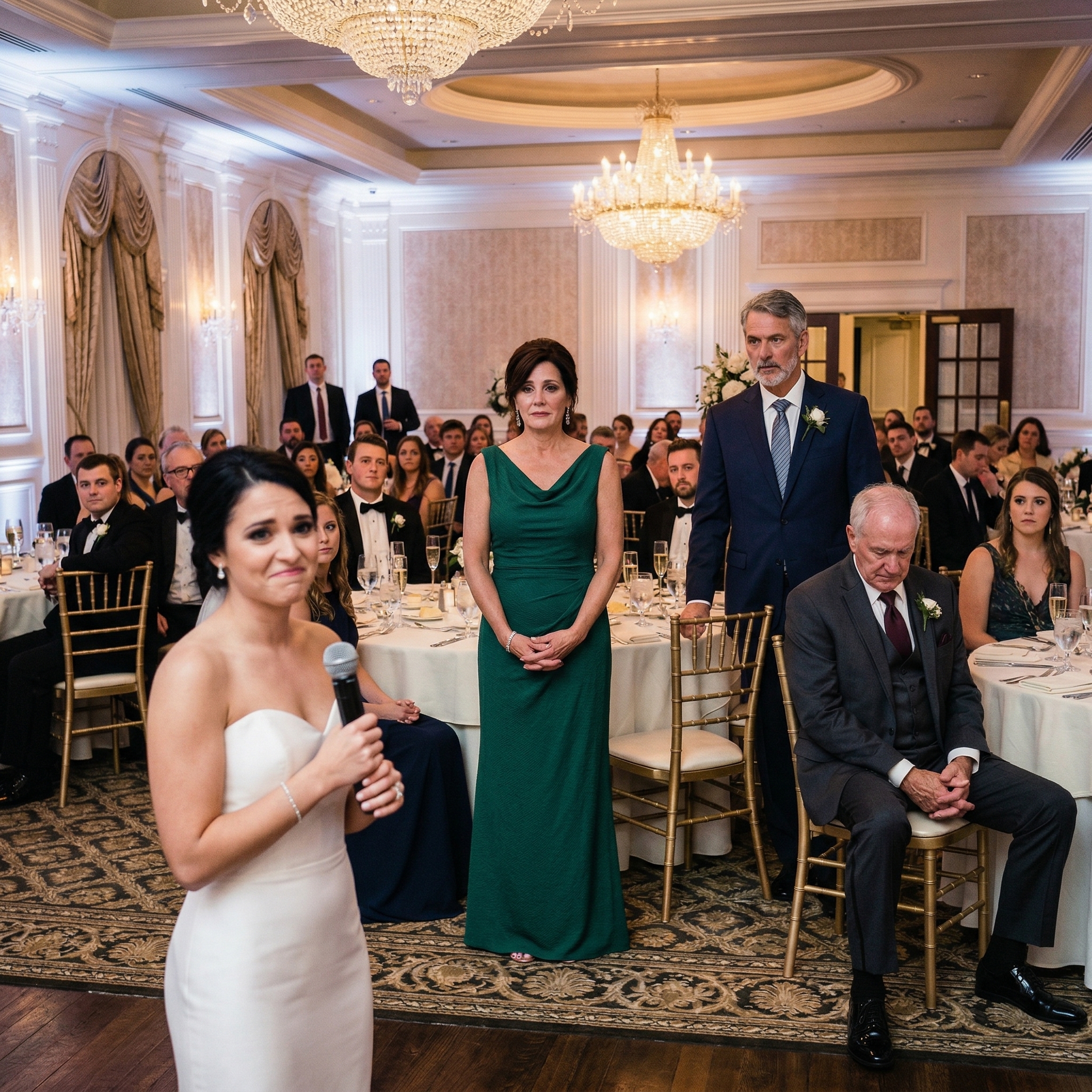 At my stepdaughter’s wedding, she raised her glass, laughed, and said, “This is my stepmother — just an old freeloader.” The room burst into awkward laughter, and I felt my face burn. Then the groom’s father stood up, stared straight at me, and asked, “Ma’am… should I tell them who you really are?” In one second, the entire ballroom went silent… and my worst humiliation turned into something no one saw coming.