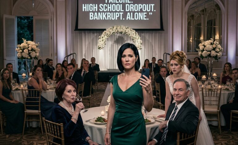 The screen exploded behind my sister at her wedding, and suddenly my entire life was reduced to six brutal words: “INFERTILE. DIVORCED. FAILURE. DROPOUT. BANKRUPT. ALONE.” The whole room laughed. My sister raised her glass and said, “Don’t laugh too hard—what if she cries?” My father smiled and called it a joke. I picked up my phone, typed one word—“Begin.” And then, the laughter died.