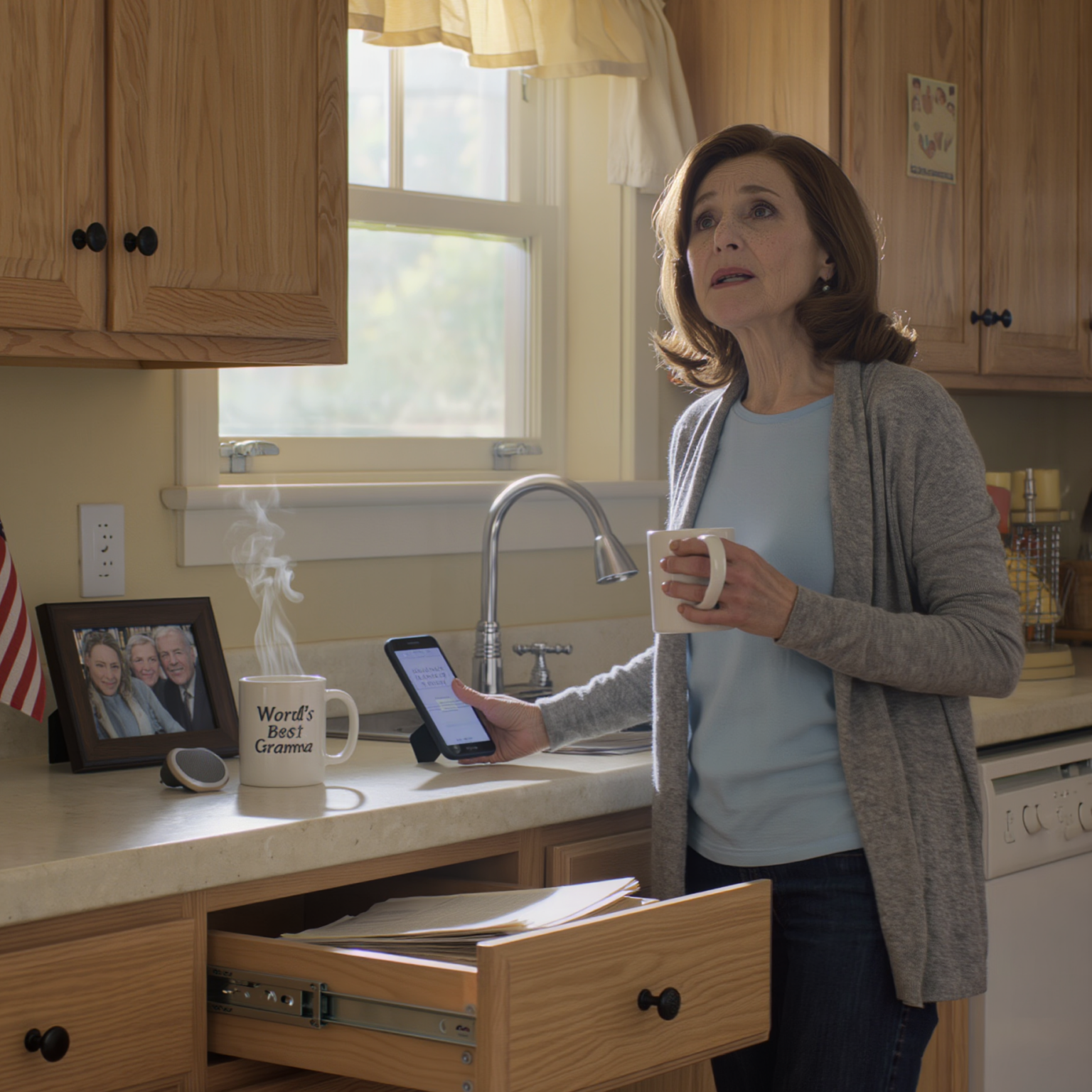 Begravningsblommorna hade knappt vissnat, och jag rörde mig fortfarande genom mitt eget kök som en gäst i någon annans liv, när samtalen startade—one efter ytterligare tre veckor efter att vi begravde Russell. Jag stod barfota på det kalla kaklet, ånga steg upp från en kaffe som jag inte hade smakat, min “-världs bästa mormor”-mugg kändes plötsligt som en rekvisita från ett förflutet som inte passade längre.