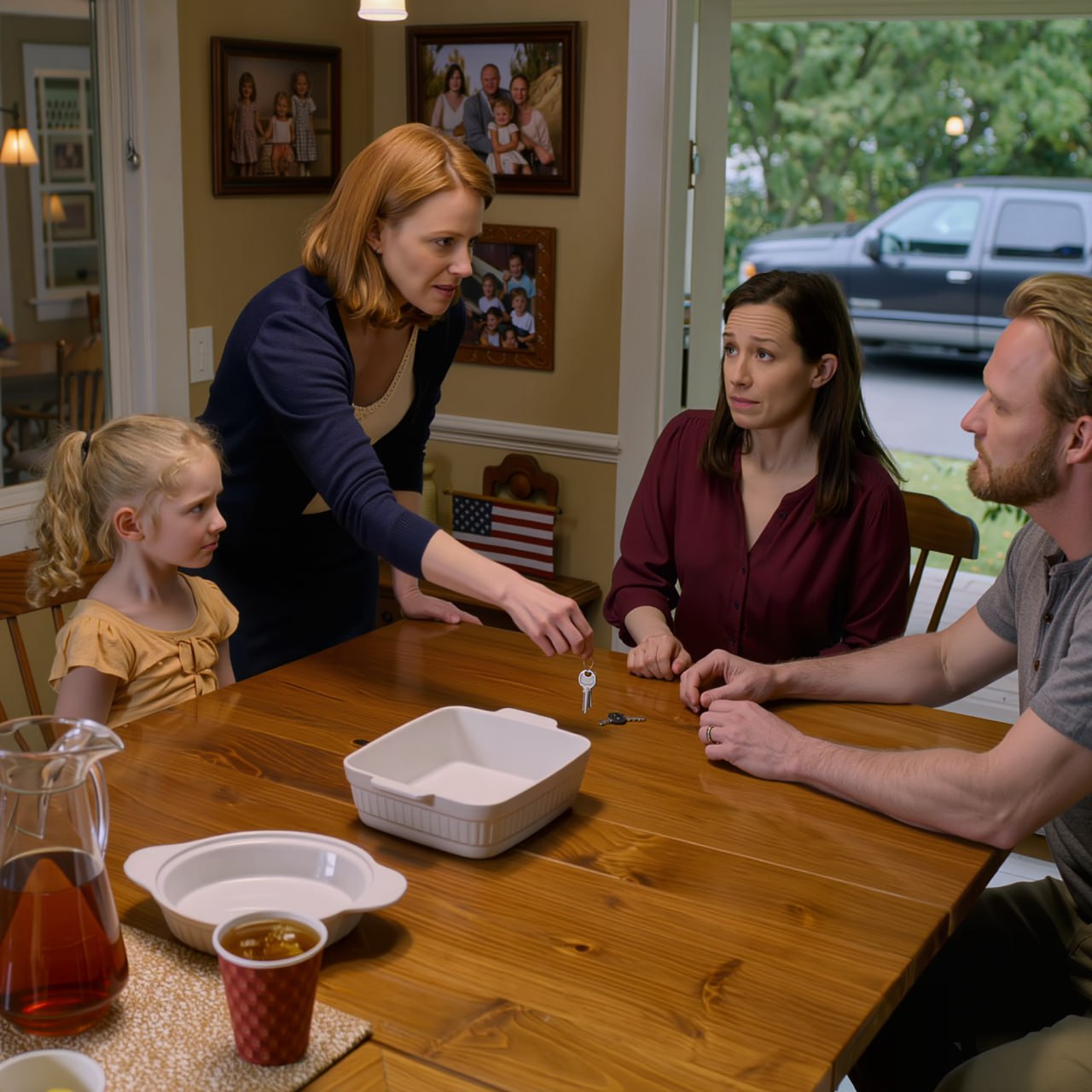 Min syster sa att min mans dotter var “inte riktigt family” direkt i mina föräldrar’ matsal, bara några meter från den lilla flickan som redan hade föreställt sig själv vid återföreningen — och när jag tyst lämnade tillbaka husnycklarna gav de mig en gång som bevis på att jag hörde hemma där, tystnaden runt det bordet förändrade allt jag trodde att jag visste om familj, lojalitet, och vem blir raderad när kärlek börjar mätas med blod.