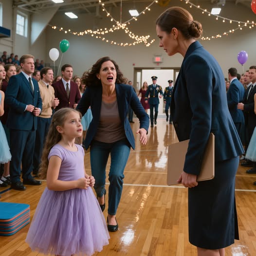 På far-dotter-dansen tittade PTA-presidenten på min sjuåring i sin lavendelklänning och sa: “Det finns ingen anledning att stanna någonstans där du inte hör hemma och precis när min dotters läpp började darra och jag klev fram för att slita isär rummet, gymdörrarna flög upp och den enda mannen i klänningsblues som visste exakt vad min bortgångne man hade bett om världen gick in.