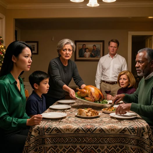 “Thanksgiving kalkon är för familjen,” sa min syster när hon drog bort tallriken från min tioårige son och lät hela bordet skratta—, men vad ingen i den matsalen visste var att samma pojke som de behandlade som en gäst satt bredvid den enda personen som hade tyst betalat bolånet i huset var hon så stolt över att visa upp sig för det sista tre år.