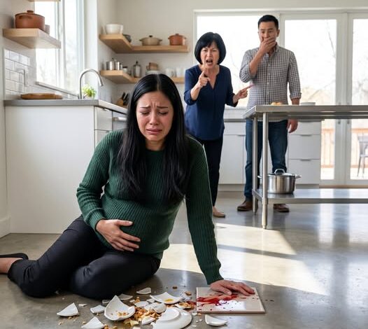 I dropped his mother’s antique dish, and the sound shattered more than porcelain. “You clumsy, worthless woman!” she screamed. Before I could protect my belly, my husband struck me—eight months pregnant, collapsing onto the kitchen floor. Blood spread beneath me as I whispered, “Please… the baby.” Lying there, shaking, I realized something terrifying—and powerful. This was the moment my life would change forever.