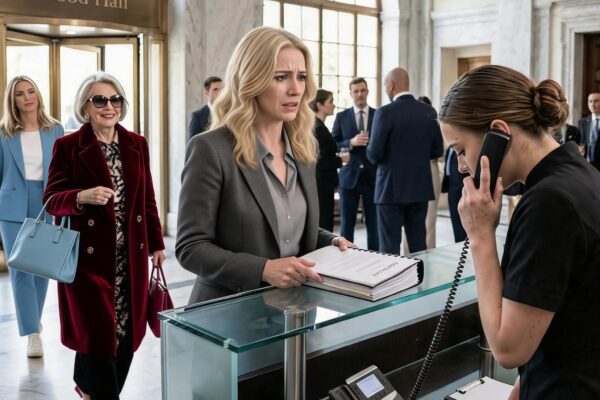 Mijn tante zei tegen de trouwlocatie: “Geef ons gewoon haar datum. We betalen wel meer.” Ik stond in de lobby met mijn betaalde contract op de glazen balie toen de manager fluisterde: “Ik bel even de eigenaar.” Tien minuten later kwam er een vrouw binnen die naar de naam van mijn verloofde vroeg – en mijn tante hield plotseling op met glimlachen.