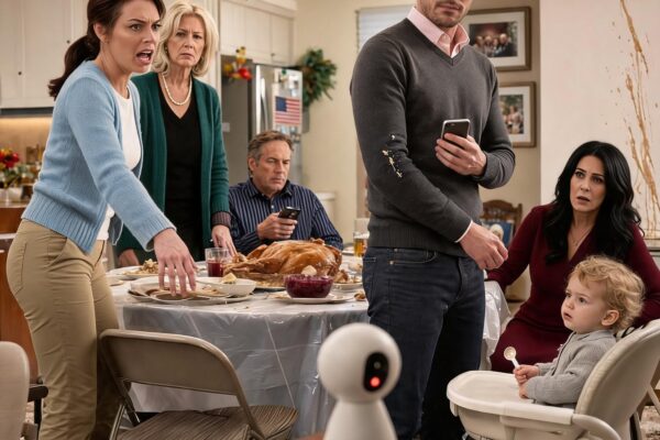 ‘Noem me niet meer je moeder,’ zei mijn moeder nadat mijn zus een bord met Thanksgiving-eten naar me had gegooid omdat ik weigerde mijn huis af te staan. Mijn zus had aangekondigd dat zij en haar drieling die zondag in mijn logeerkamer zouden komen wonen, alsof mijn huis een familiebezit was en ik slechts de portier. Toen ik nee zei, knalde het bord tegen de muur naast mijn hoofd, de jus liep langs de verf naar beneden terwijl iedereen wachtte tot ik mijn excuses aanbood. Dat deed ik niet. Ik veegde mijn mouw af, glimlachte, liep naar de veranda en belde mijn advocaat. ‘Je had gelijk,’ zei ik. ‘Doe het nu.’ Twintig minuten later gingen alle telefoons in de eetkamer af – en plotseling had niemand het meer over familie.