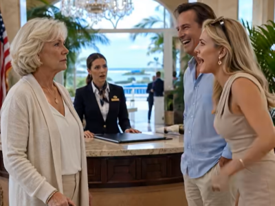 In een luxe resort in Florida wees mijn schoondochter me aan, recht voor de neus van de receptioniste, en snauwde: ‘Praat niet met haar, ze is maar de kamermeisje!’ Mijn zoon lachte zo hard dat mensen in de marmeren lobby zich omdraaiden om te kijken. Ik pakte mijn kleine koffer, zei niets en liep naar de lift – maar het gezicht van de receptioniste was al bleek geworden, want ze wist precies wiens naam er achter die deuren stond.