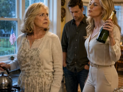 De champagnefles in de hand van mijn schoondochter zag er niet bepaald feestelijk uit. Hij glinsterde in het keukenlicht terwijl ze glimlachte en zei: ‘Mam, je kunt nu naar een verzorgingstehuis verhuizen. Dit huis is van ons.’ Mijn zoon stond achter haar, staarde naar de grond en fluisterde: ‘Misschien is dat voor iedereen wel makkelijker.’ Op dat moment zette ik de sissende waterkoker uit en stelde ik zachtjes de vraag: ‘Schat… heb je wel op de achterkant van dat kaartje gekeken?’