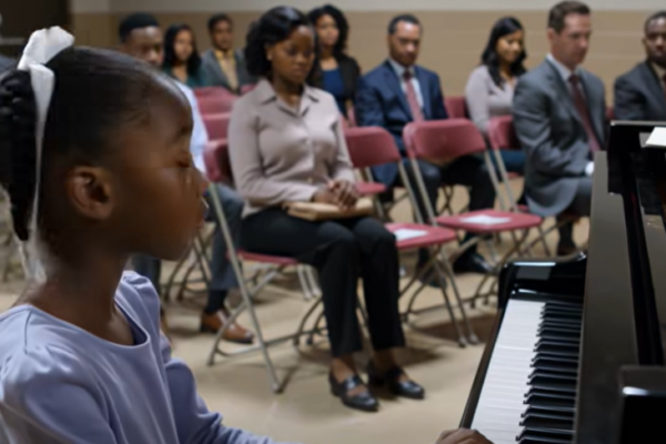 Bij de talentenjacht op de school van mijn dochter klapte niemand na haar pianostuk, en toen een ouder fluisterde dat ze gewoon het arme meisje was met een alleenstaande moeder, stond een vreemde op de achterste rij op en veranderde de hele sfeer in de zaal.